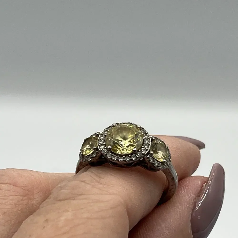 KIERA COUTURE 925 STERLING SILVER 3 CANARY YELLOW CRYSTALS HALO RING Sz 8
